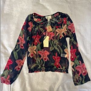 NWT Lucky Brand Orchid Sheer Chiffon Blouse top, tie front loose fitting